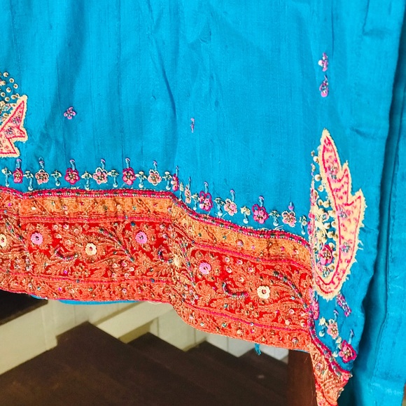 Vintage Heavily Beaded Aqua Turquoise Iridescent Indian Kurta Tunic Gems Dress. - Picture 9 of 13
